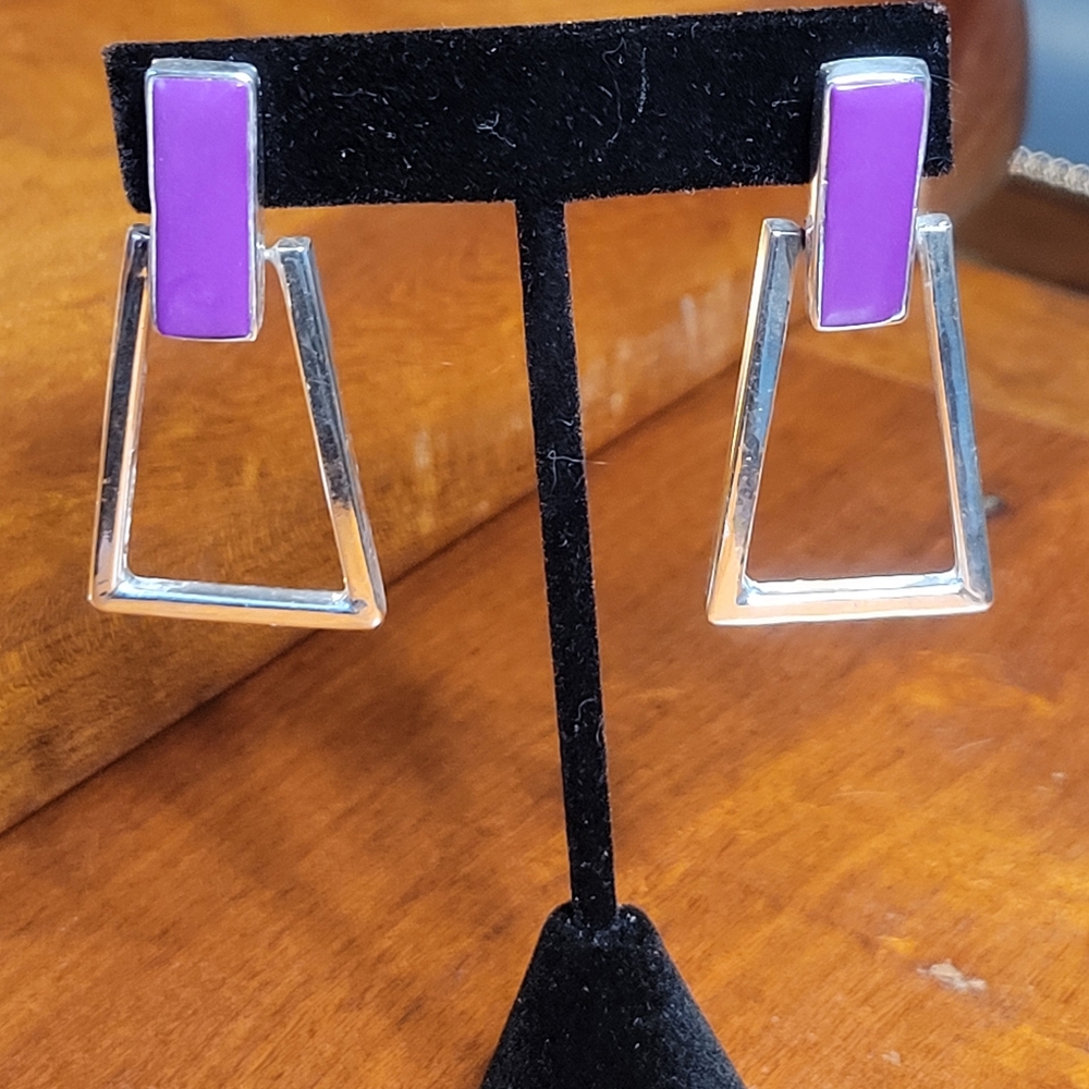 Taxco Purple and Sterling Silver Geometric Dangle Earrings